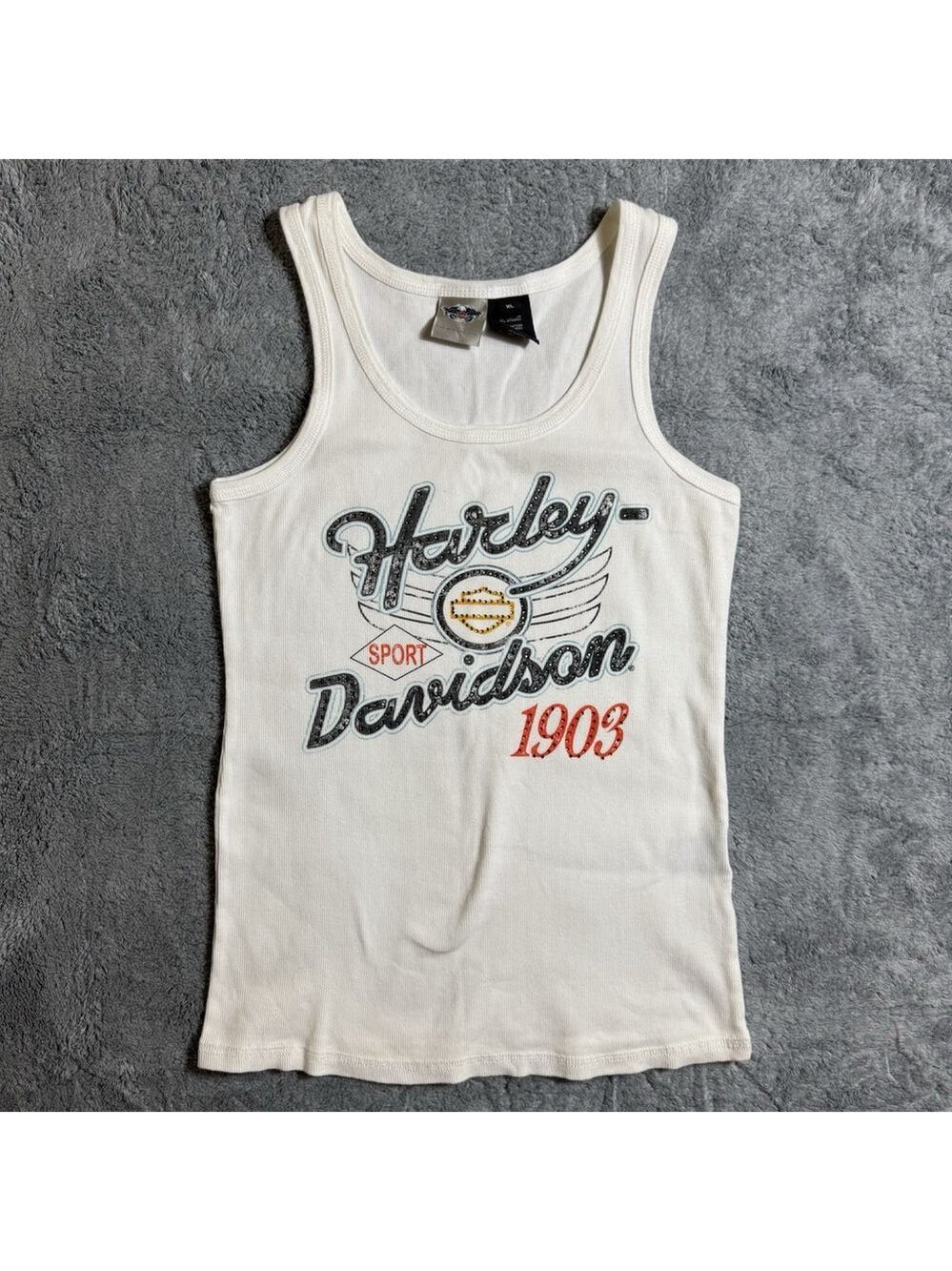 Y2K Harley Davidson Womens 03 Scoop Neck White Sleeveless Tank Rhinestones XL